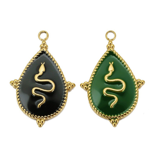 BU112305021854183058 REF 2 Lot de 1 Pendentif Serpent dans Goutte 22x14mm – Résine Émaillée Verte & Acier Inox 304 ION
