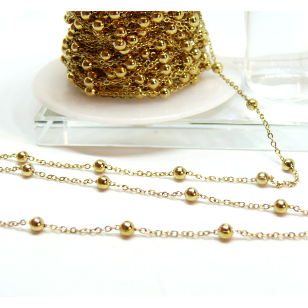 Chaine, maille bille 3mm, Acier Inoxydable 304, finition Doré, Placage IONIQUE