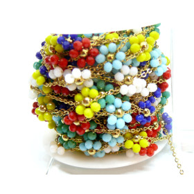 Chaine maille Fleurs en verre Multicolores, Acier Inoxydable 304 , finition Doré