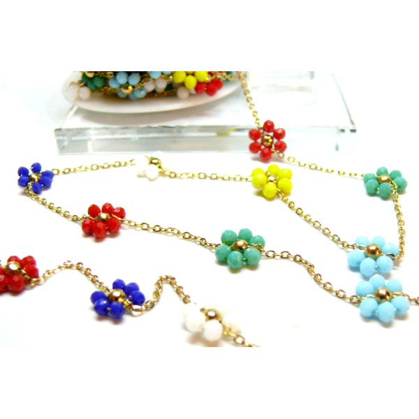 Chaine maille Fleurs en verre Multicolores, Acier Inoxydable 304 , finition Doré