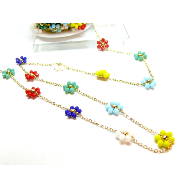 Chaine maille Fleurs en verre Multicolores, Acier Inoxydable 304 , finition Doré