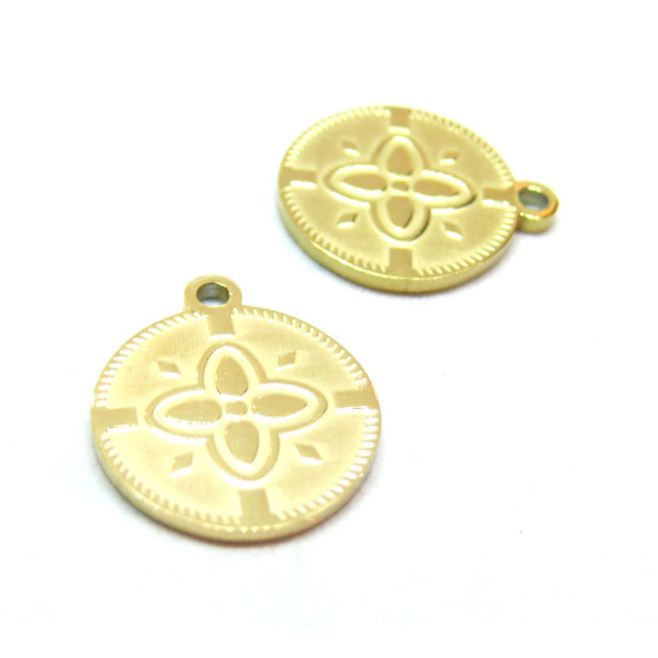 Pendentifs, Médaillon avec Fleur, Acier Inoxydable 316L, finition Doré à l'or fin 18K, Placage IONIQUE