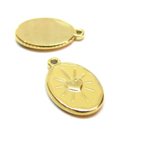 Pendentif, Médaillon Ovale 14 par 23mm, Soleil, résine émaillée Jaune, Acier Inoxydable 304, finition Doré