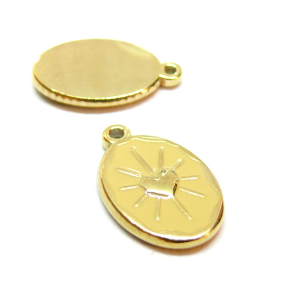 Pendentif, Médaillon Ovale 14 par 23mm, Soleil, résine émaillée Jaune, Acier Inoxydable 304, finition Doré
