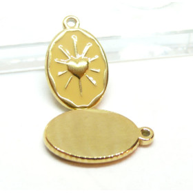 Pendentif, Médaillon Ovale 14 par 23mm, Soleil, résine émaillée Jaune, Acier Inoxydable 304, finition Doré