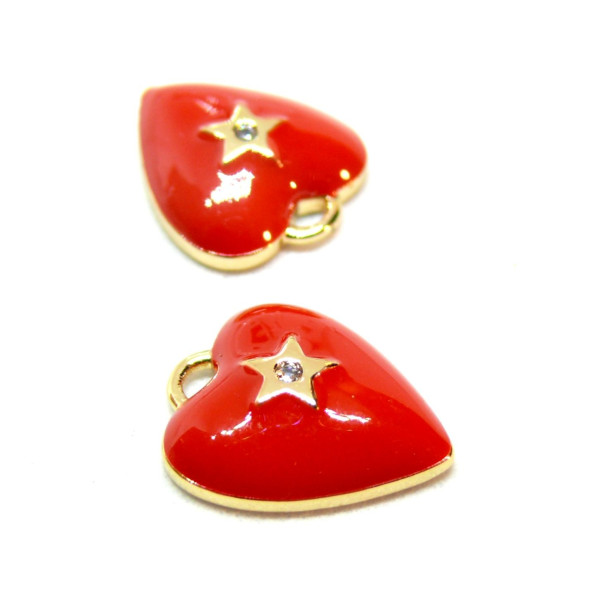 Pendentifs, Coeur avec strass résine emaillé ROUGE, Laiton, finition Doré à l'or fin 18K