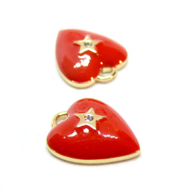 Pendentifs, Coeur avec strass résine emaillé ROUGE, Laiton, finition Doré à l'or fin 18K