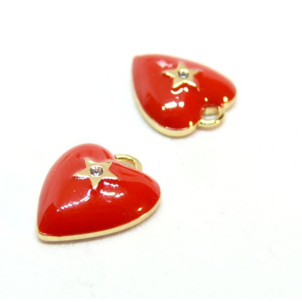 Pendentifs, Coeur avec strass résine emaillé ROUGE, Laiton, finition Doré à l'or fin 18K