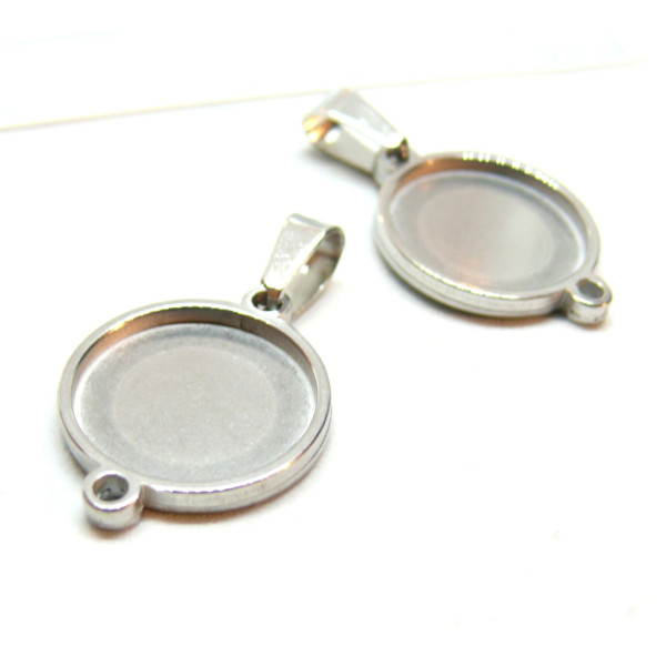 Supports de pendentif Rond 15mm avec attache triangle, Acier Inoxydable 304, finition Argenté