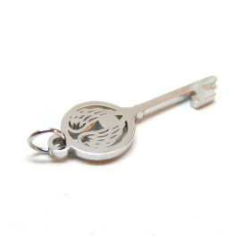 Pendentif Clé avec Aile d'ange et Strass 29mm, Acier Inoxydable 316 Chirurgical placage Argenté