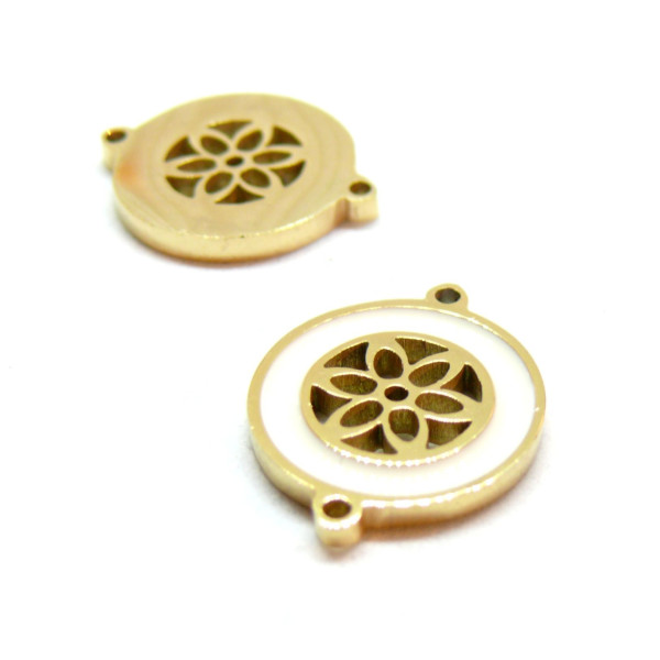 Connecteur, Médaillon Fleur résine émaillé Blanc, Acier Inoxydable 304, finition Doré