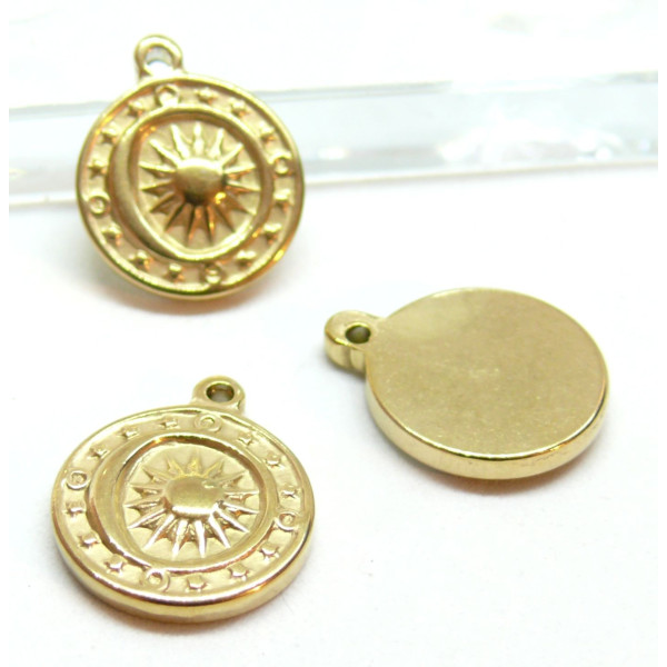 Pendentif Médaillon Soleil 15mm, Acier Inoxydable 304, finition Doré