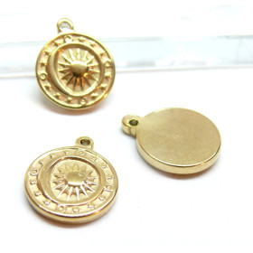 Pendentif Médaillon Soleil 15mm, Acier Inoxydable 304, finition Doré
