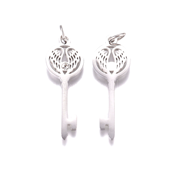 Pendentif avec anneau, Clé avec Aile d'ange et Strass 29mm, Acier Inoxydable 316 Chirurgical, placage Argenté