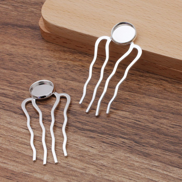 Supports de Peignes à Cheveux 25x51mm, style Rétro pour cabochon en 12mm, métal finition Argent Vif