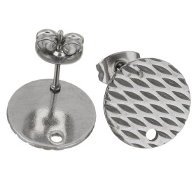 Boucles d'oreilles, Puces Travaillées 12mm avec trou et embouts poussoirs, Acier Inoxydable 304, finition Argenté
