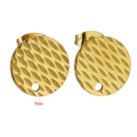 Boucles d'oreilles, Puces Travaillées 8mm avec trou et embouts poussoirs, Acier Inoxydable 304, finition DORE