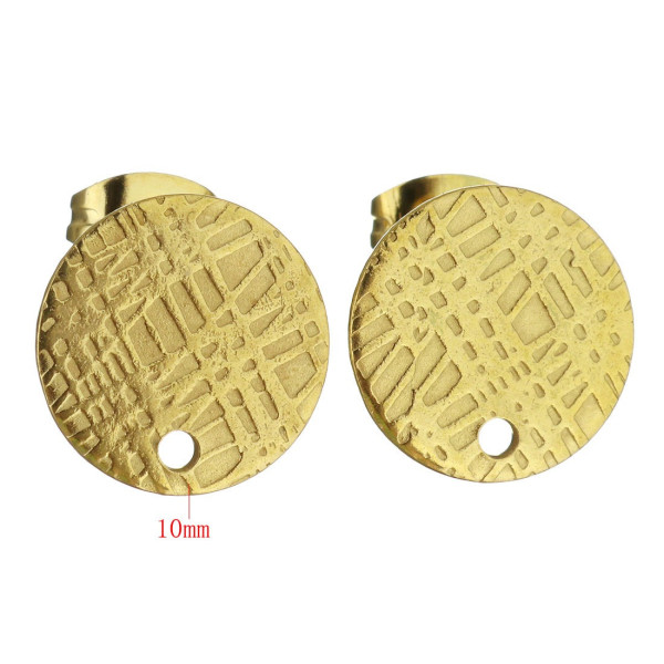 Boucles d'oreilles, Puces Travaillées 10mm avec trou et embouts poussoirs, Acier Inoxydable 304, finition DORE