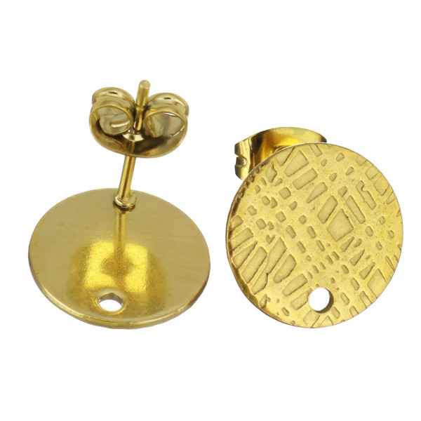 Boucles d'oreilles, Puces Travaillées 8mm avec trou et embouts poussoirs, Acier Inoxydable 304, finition DORE