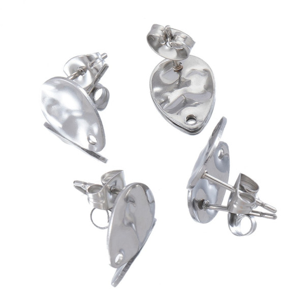 Boucles d'oreilles, Puces Gouttes martelées 12 par 9mm avec trou et embouts poussoirs, Acier Inoxydable 304, finition ARGENT