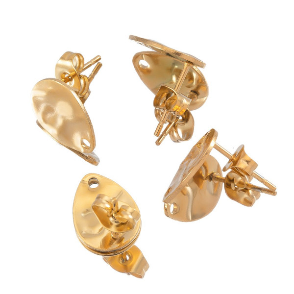 Boucles d'oreilles, Puces Gouttes martelées 12 par 9mm avec trou et embouts poussoirs, Acier Inoxydable 304, finition DORE