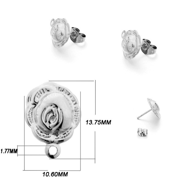 Boucles d'oreilles, Puces forme ROSE 10m avec anneau d'attache et embouts poussoirs, Acier Inoxydable 304, finition ARGENT