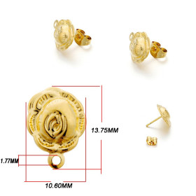 Boucles d'oreilles, Puces forme ROSE 10m avec anneau d'attache et embouts poussoirs, Acier Inoxydable 304, finition DORE