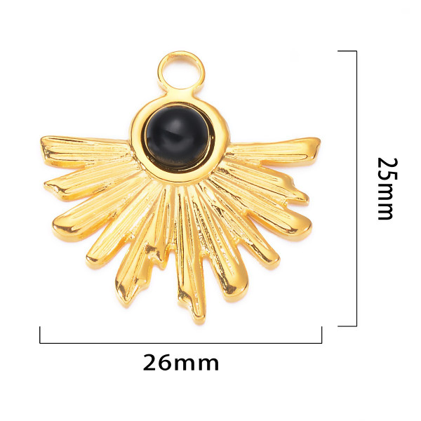 Pendentif, Demi Soleil, Eventail 25 mm, Acier Inoxydable 304 finition Doré et Pierre Noire