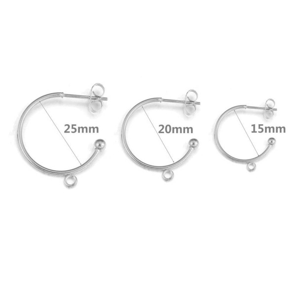 Boucles d'oreilles, Puces Créoles 15mm avec anneau d'attache, embouts poussoirs, Acier Inoxydable 304, finition ARGENT