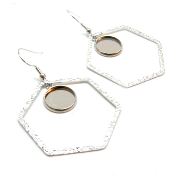 Supports de Boucles d'oreille 12 mm , avec Crochet et Hexagone, Acier Inoxydable 304, finition ARGENT