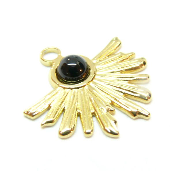 Pendentif, Demi Soleil, Eventail 25 mm, Acier Inoxydable 304 finition Doré et Pierre Noire