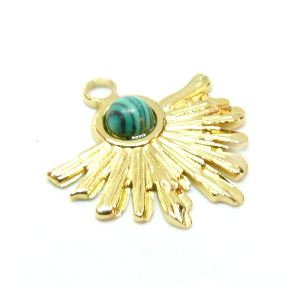 Pendentif, Demi Soleil, Eventail 25 mm, Acier Inoxydable 304 finition Doré et imitation malachite