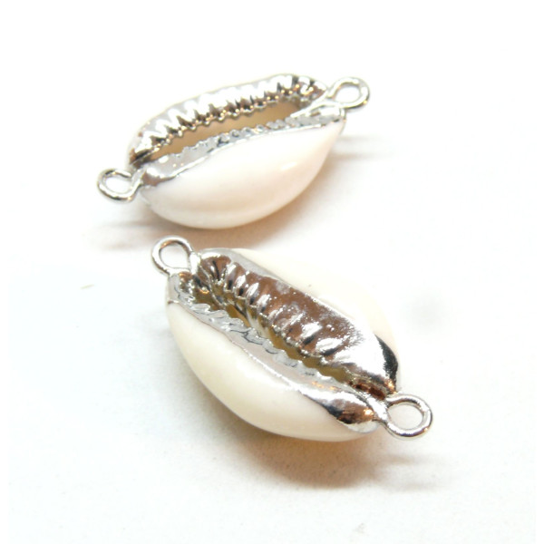 Pendentifs, connecteur Coquillage Cauris avec liseré Argenté 25mm