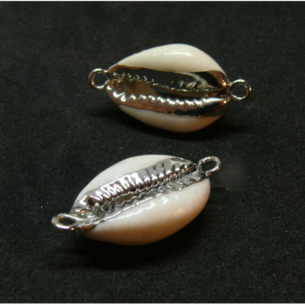 Pendentifs, connecteur Coquillage Cauris avec liseré Argenté 25mm