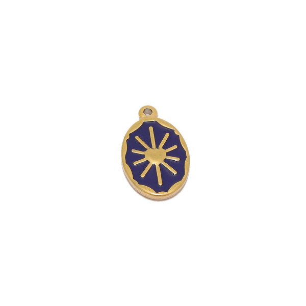 BU112211181251113268 REF3  – Lot de 1 Pendentif Médaillon Ovale Soleil 14x23mm – Résine Émaillée Bleue & Acier Inoxydable 304 D