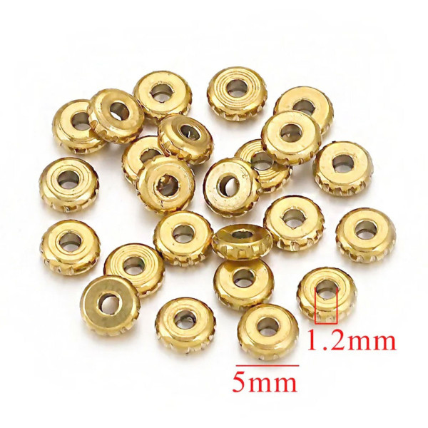 Perles Intercalaires, Rondelles Travaillées 5mm, Acier Inoxydable 304, finition Doré à l'or fin 18K