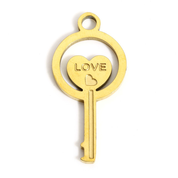 Pendentif Clé avec Coeur, Love 28mm, Acier Inoxydable 316L, finition Doré à l'or fin 18K, Placage IONIQUE