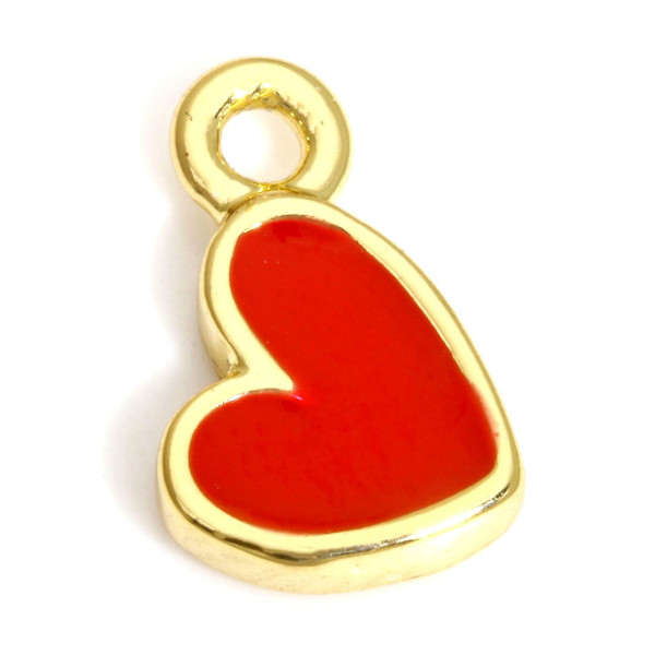 Pendentifs Coeur, résine émaillée ROUGE, laiton finition Doré  à l'or fin 18K