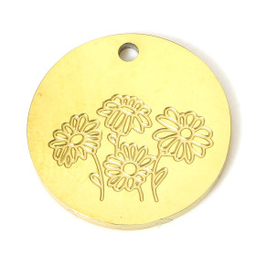 Pendentifs, Médaillon Fleurs 15mm, Acier Inoxydable 304, finition Doré Placage IONIQUE