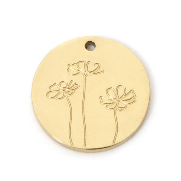 Pendentifs Médaillon avec Fleurs 13mm, Acier Inoxydable 304 finition Doré, placage sous vide