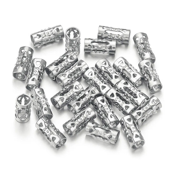 Perles Intercalaires, Tube filigrane 8 par 4mm, Acier Inoxydable 304, finition Argenté