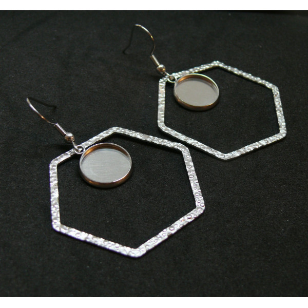 Supports de Boucles d'oreille 12 mm , avec Crochet et Hexagone, Acier Inoxydable 304, finition ARGENT