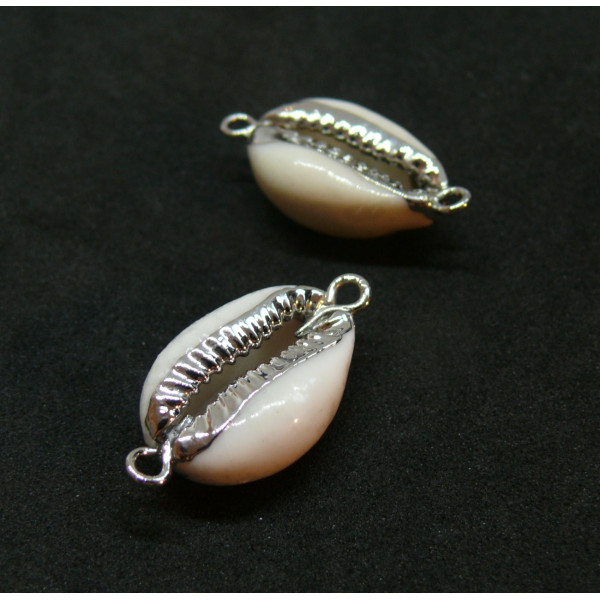 Pendentifs, connecteur Coquillage Cauris avec liseré Argenté 25mm