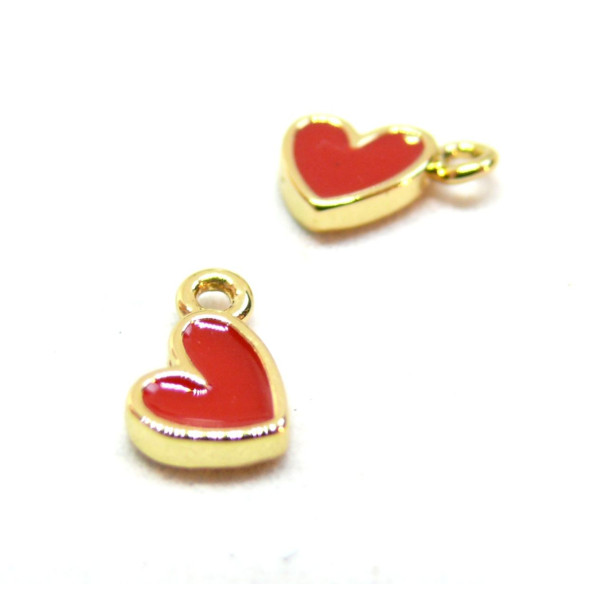 Pendentifs Coeur, résine émaillée ROUGE, laiton finition Doré  à l'or fin 18K, pour création de bijoux raffinés