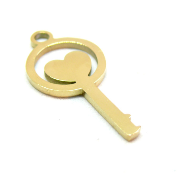 Pendentif Clé avec Coeur, Love 28mm, Acier Inoxydable 316L, finition Doré à l'or fin 18K, Placage IONIQUE
