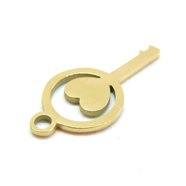 Pendentif Clé avec Coeur, Love 28mm, Acier Inoxydable 316L, finition Doré à l'or fin 18K, Placage IONIQUE