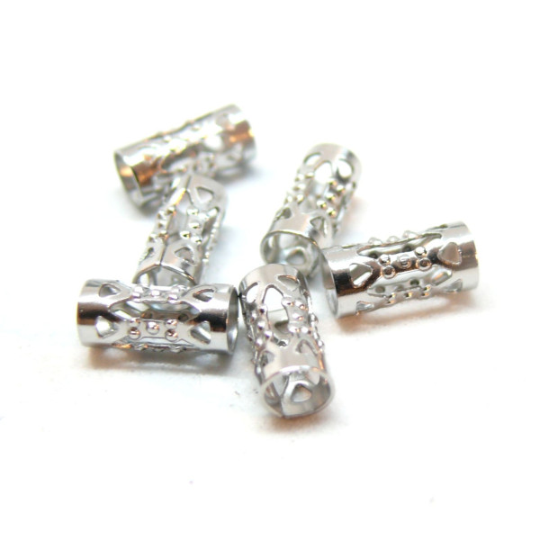 Perles Intercalaires, Tube filigrane 8 par 4mm, Acier Inoxydable 304, finition Argenté