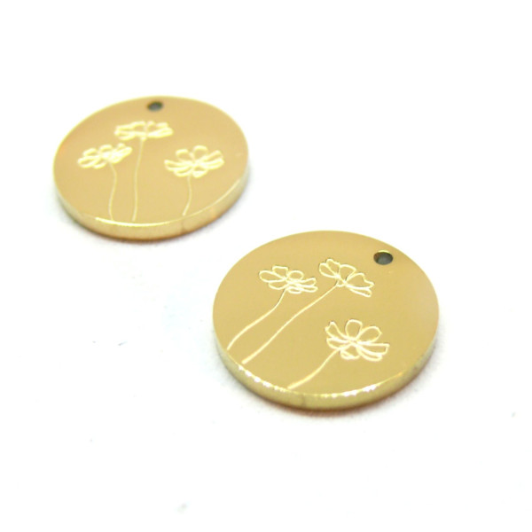 Pendentifs Médaillon avec Fleurs 13mm, Acier Inoxydable 304 finition Doré, placage sous vide