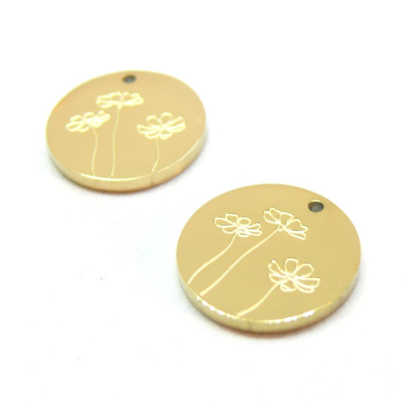 Pendentifs Médaillon avec Fleurs 13mm, Acier Inoxydable 304 finition Doré, placage sous vide