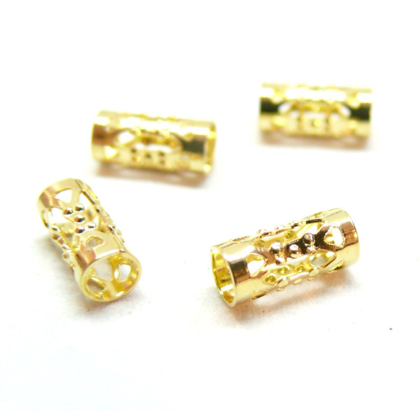 Perles Intercalaires, Tube filigrane 8 par 4mm, Acier Inoxydable 304, finition Doré à l'or fin 18K, Placage sous vide